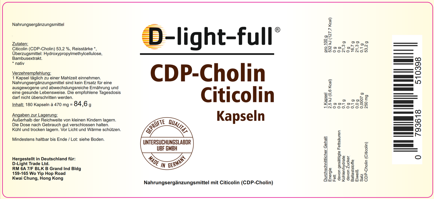 D-light-full CDP-Cholin Citicolin 250 mg (180 Kapseln vegan)