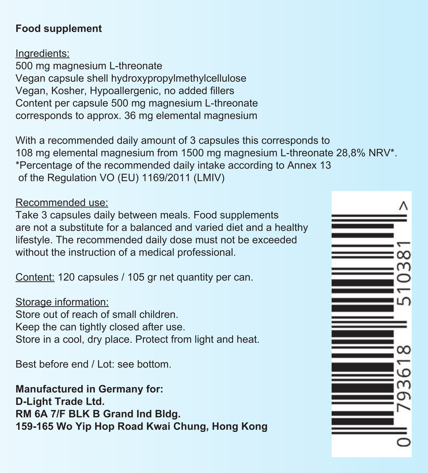 D-light-full Magnesium L-Threonat (120 Kapseln vegan)