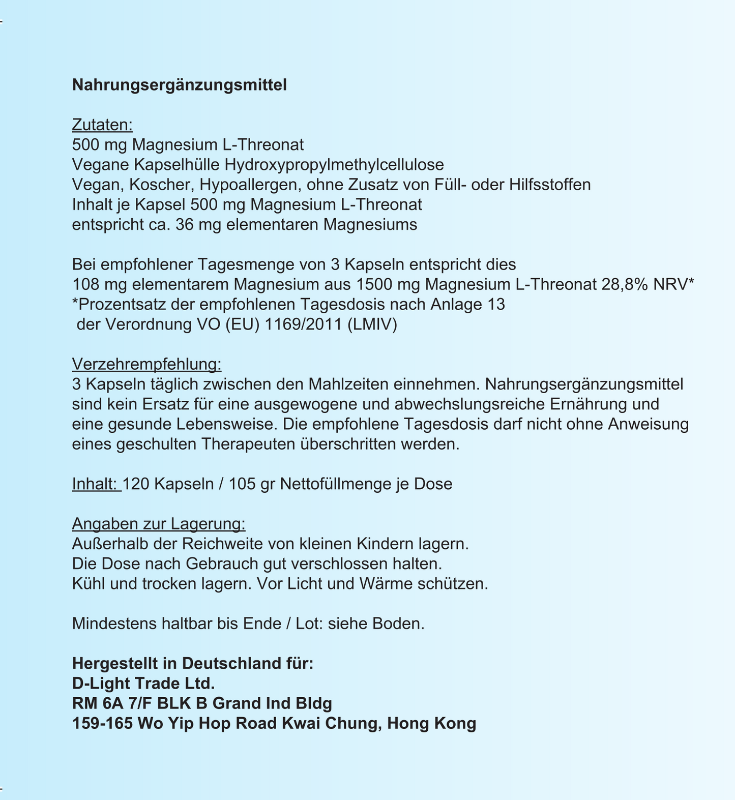D-light-full Magnesium L-Threonat (120 Kapseln vegan)