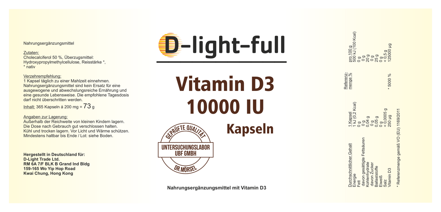 D-light-full Vitamin D3 10.000 IE (365 Kapseln vegan)